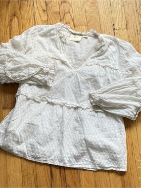 Anthropologie White Textured Ruffle V-Neck Blouse